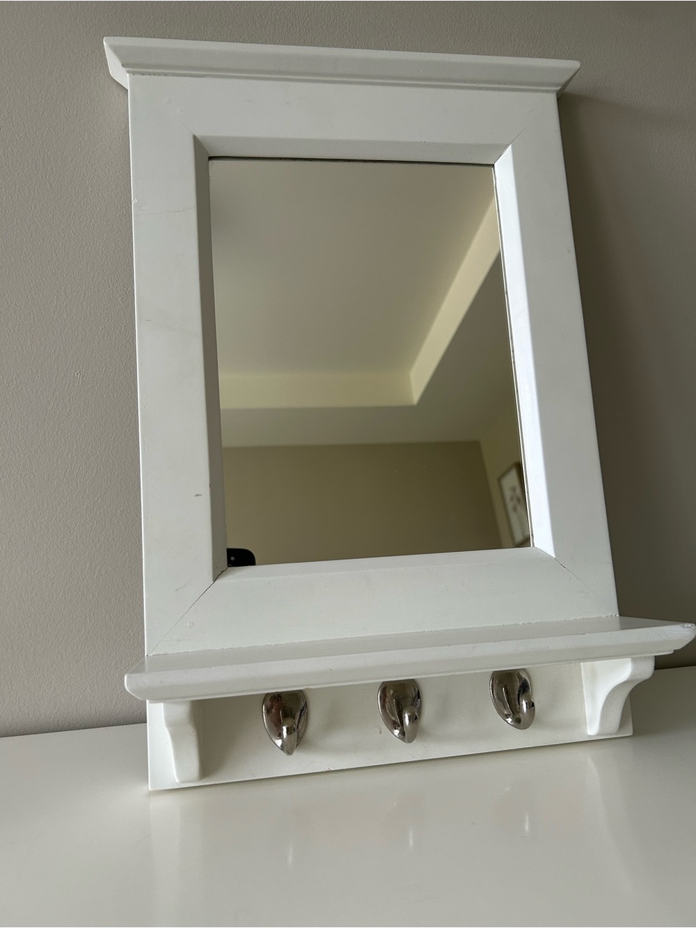 Pottery Barn White Wall Mirror with Shelf and Hooks